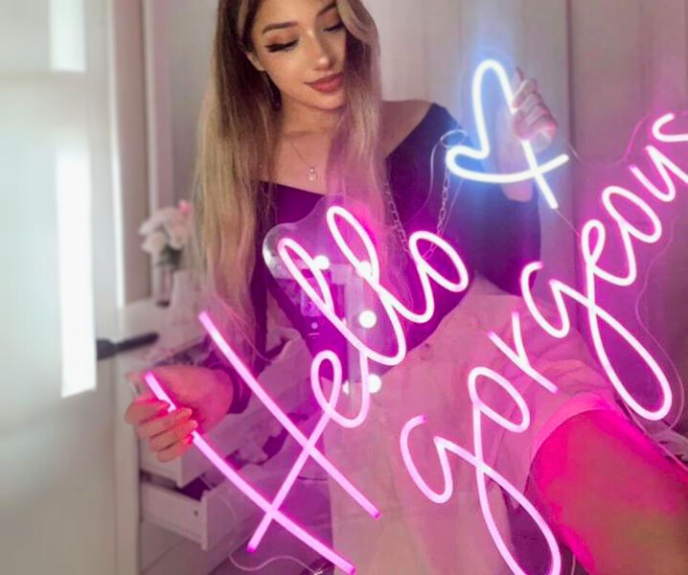 Neon sign Sizes and Dimensions: Which Neon Size Is Right For You? 4 Cute girl holding Hello gorgeous led sign size Medium -neon sign sizes